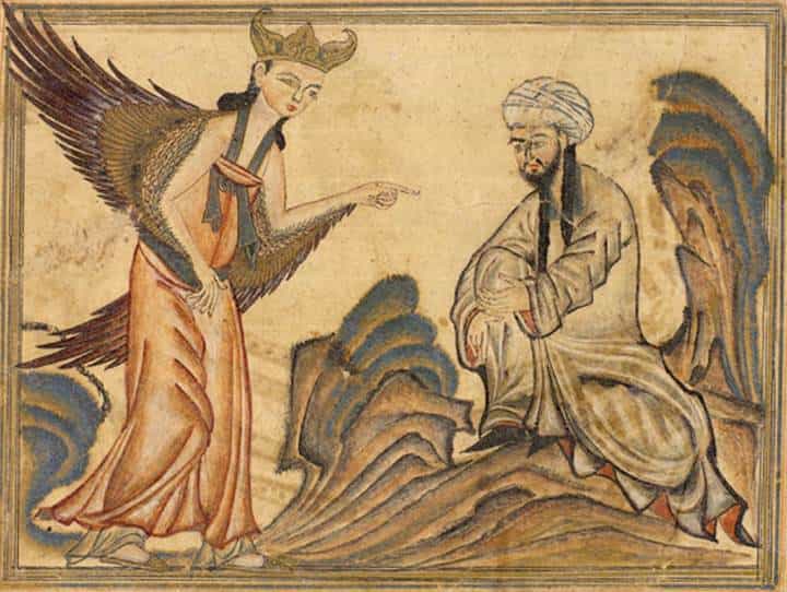 محمد در حال دریافت وحی − مینیاتوری از قرن ۱۴ میلادی، کتاب جامع التواریخ، نسخه دانشگاه ادینبورگ