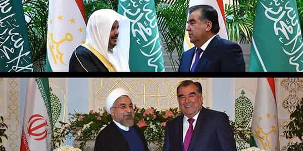 امامعلی رحمان، رئیسجمهور تاجیکستان، بالا در دیدار با عبدالله بن محمد بن ابراهیم آل شیخ، رئیس مجلس شورای عربستان سعودی، در پایین در دیدار با حسن روحانی، رئیس جمهوری اسلامی ایران