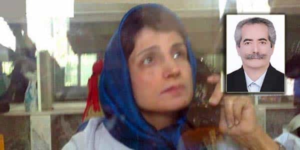 رمضان حاجیمشهدی. عکس زمینه: نسرین ستوده در سالن ملاقات زندان اوین در یکی از بازداشتهای قبلی او