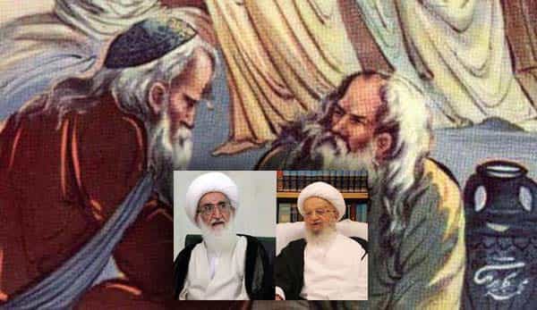 آیت الله مکارم شیرازی و آیت الله نوری همدانی – زمینه: مولانا و شمس تبریزی، مینیاتوری از محمد تجویدی