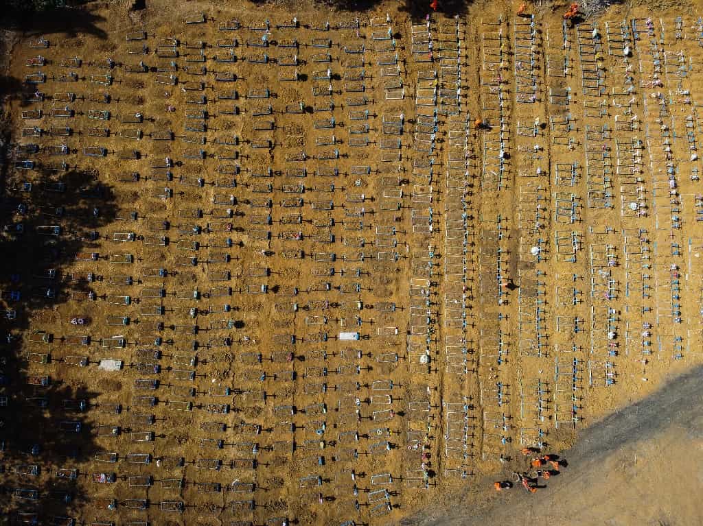 Aerial view of the Nossa Senhora Aparecida cemetery where COVID-19 victims are buried daily, in the neighbourhood of Taruma, in Manaus, Brazil, on June 2, 2020 during the novel coronavirus pandemic. - The pandemic has killed at least 375,555 people worldwide since it surfaced in China late last year, according to an AFP tally at 1100 GMT on Tuesday, based on official sources. Brazil is the fourth worst-hit country with 29,937 deaths so far. (Photo by Michael DANTAS / AFP)