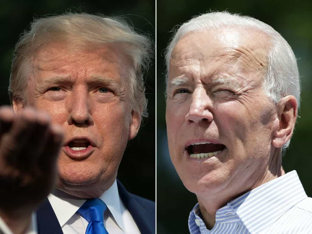 جو بایدن - دونالد ترامپ (COMBO) This combination of pictures created on June 11, 2019 shows US President Donald Trump(L) as he departs the White House, in Washington, DC, on June 2, 2019, and former US vice president Joe Biden during the kick off his presidential election campaign in Philadelphia, Pennsylvania, on May 18, 2019. - Donald Trump and his leading Democratic challenger Joe Biden were to deliver dueling speeches on June 11, 2019 across the important 2020 battleground state of Iowa in a foretaste of what promises to be a bad tempered and volatile presidential election. Biden, 76, called his presence in the midwestern state on the same day as Trump, 72, a coincidence. But his speech will aim at the core of the Republican president's narrative, branding Trump "an existential threat to America." (Photos by Jim WATSON and Dominick Reuter / AFP)