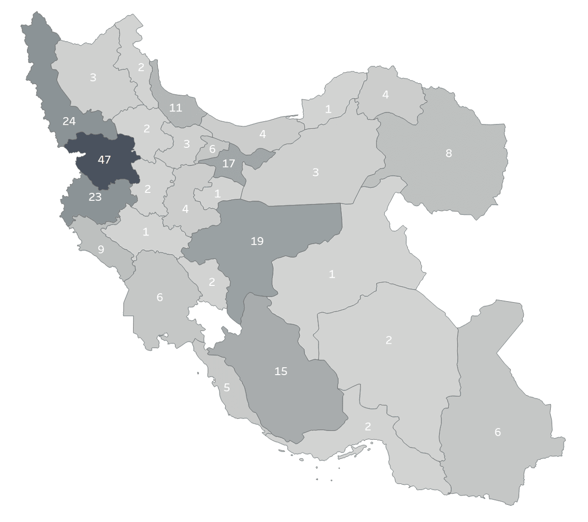 نمودار شماره دو: استانهایی که در آن‌ها اعتصاب بازاریان و اصناف گزارش شده است.