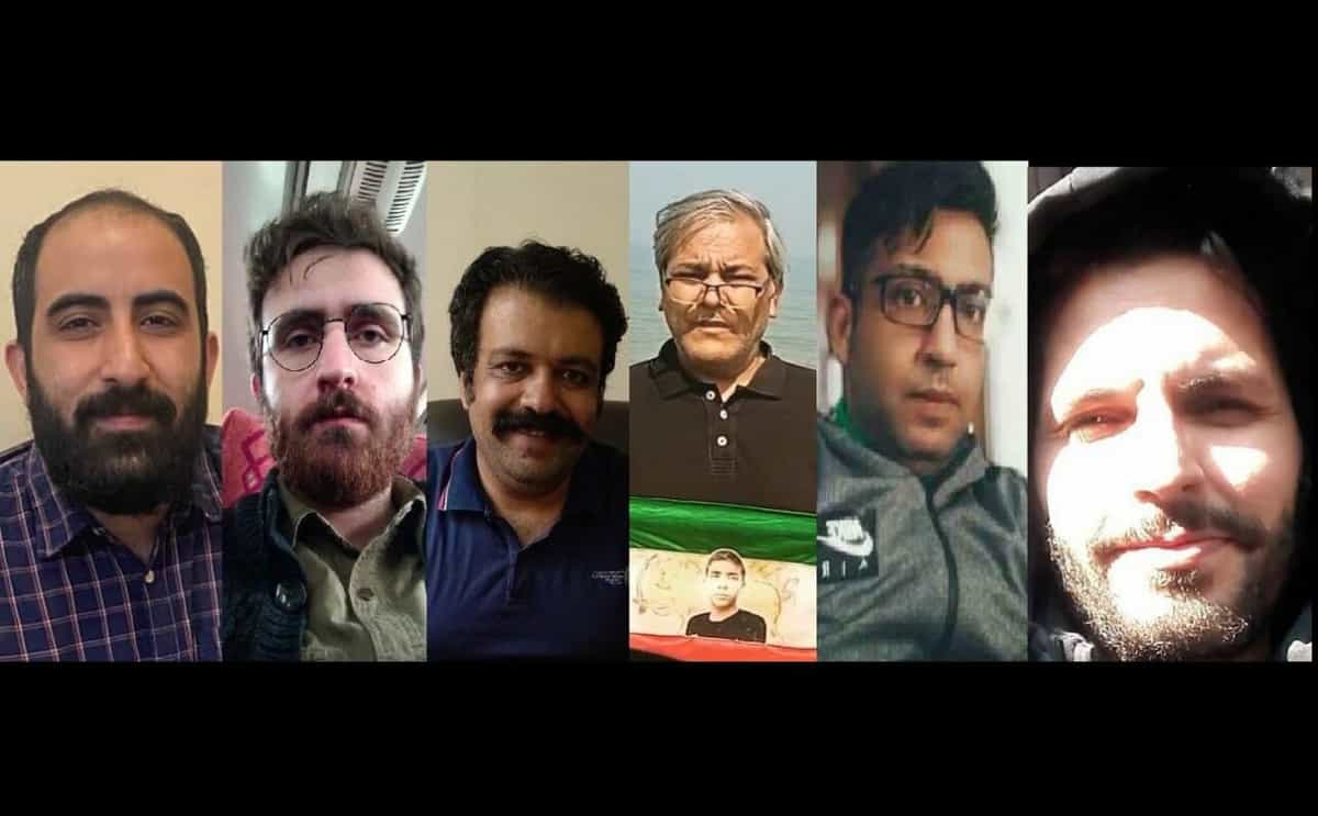 به ترتیب از چپ به راست امیرعباس آزرموند، یاشار توحیدی، محمد خانی، رضا سلمانزاده، سید جواد سعیدی و پارسا گلشنی - زندانیان سیاسی محبوس در اوین
