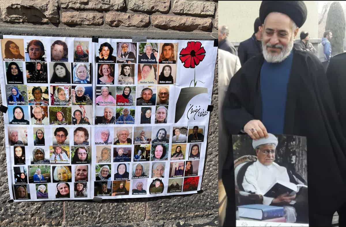 راست تصویر: حسین مرتضوی، رییس پیشین زندانهای اوین و گوهردشت در تشییع جنازه اکبر هاشمی رفسنجانی ــ چپ: تصویری از مادران دادخواه خاوران در مقابل دادگاه حمید نوری در استکهلم