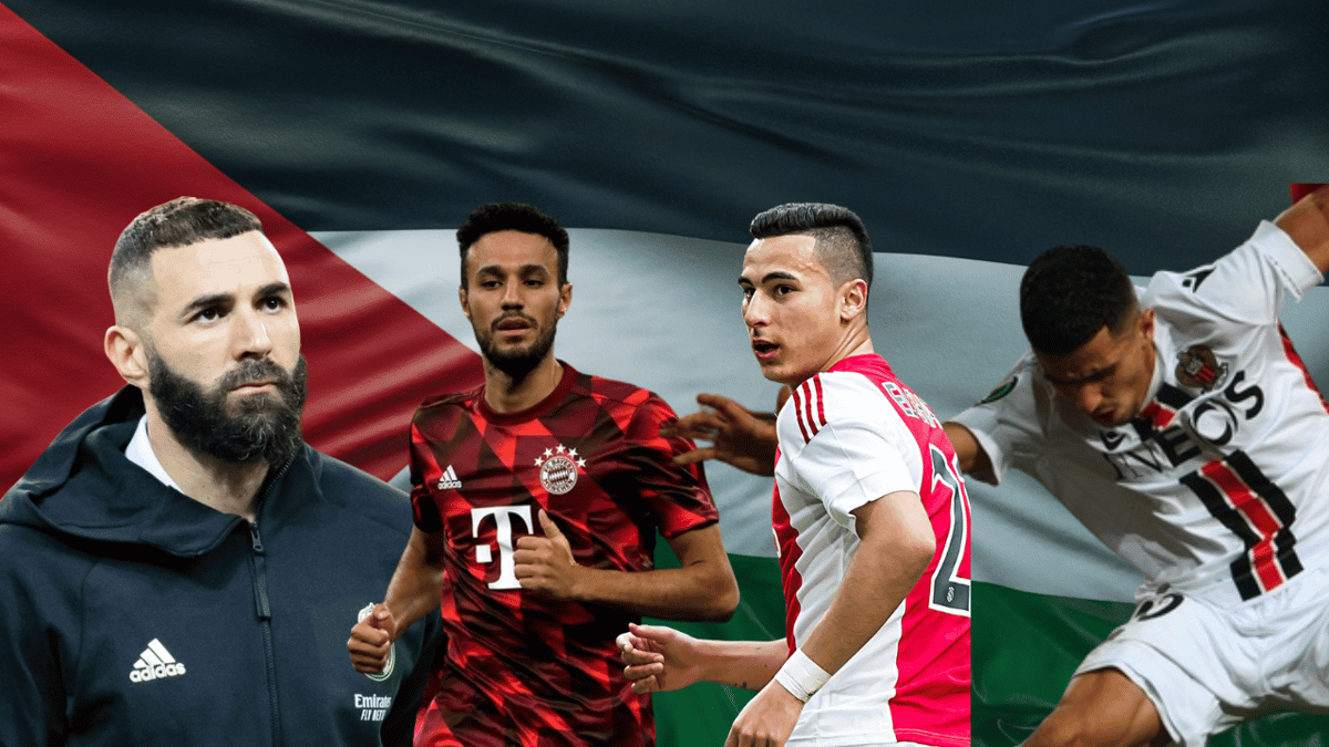 کریم بنزما، نصیر مزراوی، اِنور الغازی و یوسف عطال در بک گراند پرچم فلسطین