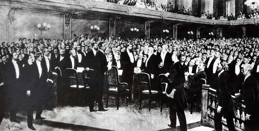 Theodor Herzl während des ersten Zionistenkongresses in Basel im Jahr 1897 تئودور هرتسل در نخستین کنگره صهیونیستی در شهر بال (سوئیس) در سال ۱۸۹۷