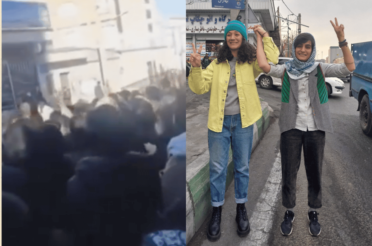 کلاژ از عکس لحظه آزادی نیلوفر حامدی و الهه محمدی و تصویر زنان معترض مقابل دادگستری همدان