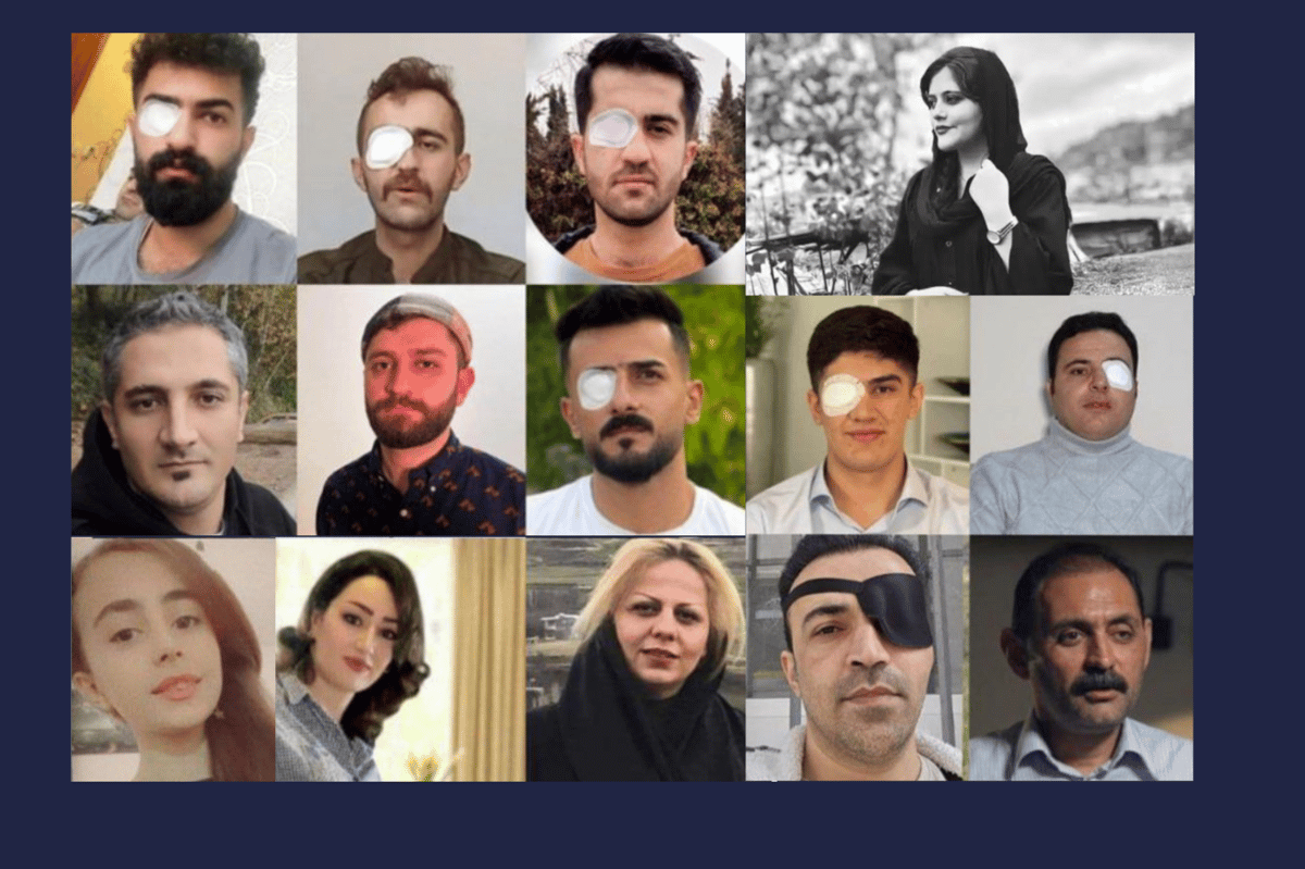 تصویری جمعی از آسیبدیدگان زن زندگی آزادی که برخیشان چشمهای خود را از دست داده اند