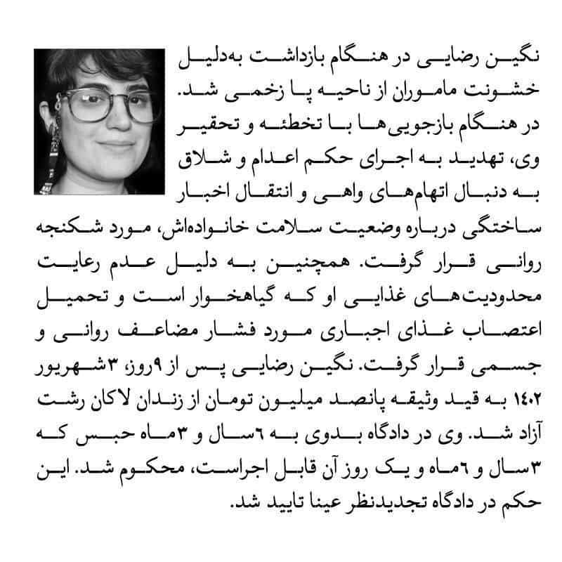 تصویر از بیدارزنی، نقض حقوق بشر در پرونده نگین رضایی در رشت را بازگو می‌کند از جمله اینکه در هنگام بازجویی‌ها با تخطئه و تحقیر وی، تهدید به اجرای حکم اعدام و شلاق به دنبال اتهام‌های واهی و انتقال اخبار ساختگی درباره وضعیت سلامت خانواده‌اش، مورد شکنجه روانی قرار گرفت.