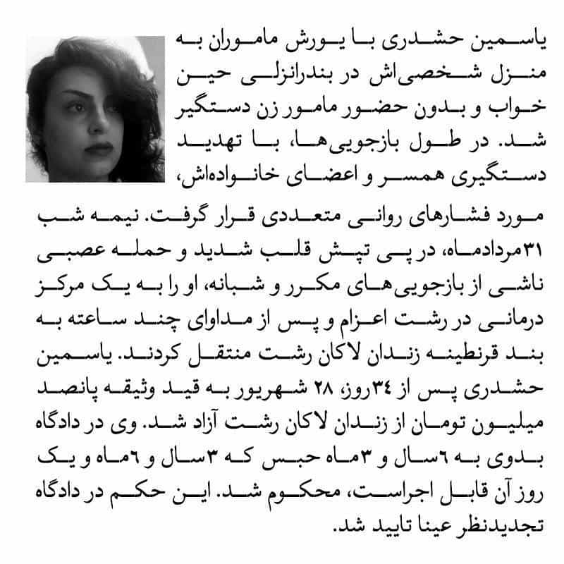 تصویر از بیدارزنی، نقض حقوق بشر در پرونده یاسمن حشدری در رشت را بازگو می‌کند از جمله اینکه در طول بازجویی‌ها، با تهدید دستگیری همسر و اعضای خانواده‌اش، مورد فشارهای روانی متعددی قرار گرفت.