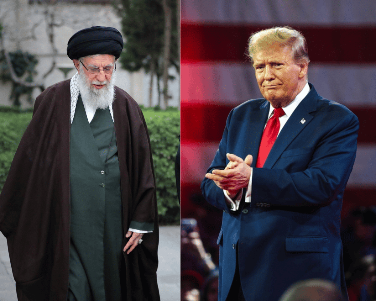 در سمت چپ تصویر، علی خامنه‌ای رهبر ایران ایستاده است و در سمت راست، دونالد ترامپ، رئیس‌جمهور پیشین و نامزد محافظه‌کاران برای انتخابات پیش‌روی ریاست جمهوری آمریکا ایستاده است.