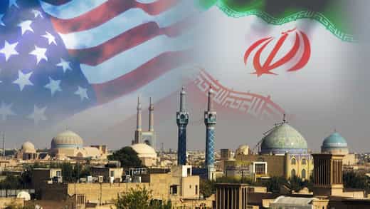 در پایین تصویر نمایی از مساجد و بالای آن طرحی از پرچمهای ایران و آمریکا