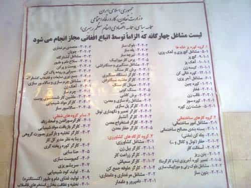 بر اساس فهرستی که وزارت تعاون، کار و رفاه اجتماعی منتشر کرده است، اتباع کشور افغانستان که دارای مدارک قانونی برای اقامت هستند، فقط در چهار گروه شغلی میتوانند کار کنند.