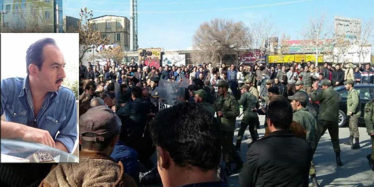 نادر فتورهچی، روزنامهنگار، نویسنده و مترجم − زمینه عکس: صحنهای از یک تظاهرات اعتراضی در دیماه ۱۳۹۶