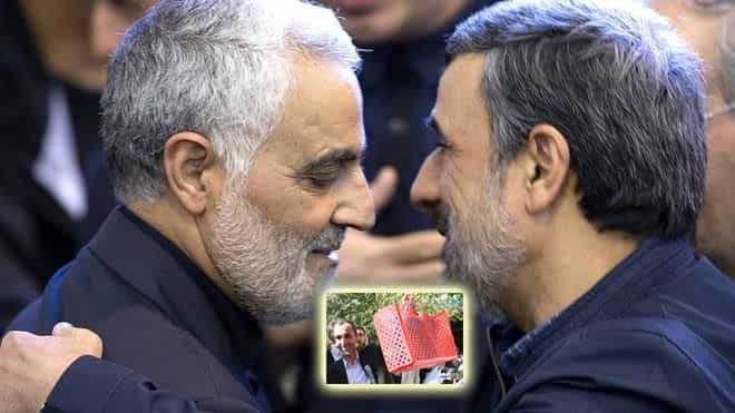 حمید بقایی با زنبیل قرمزش که گویا حاوی افشاگری‌هایی در مورد مقامات بوده است. در زمینه عکس: محمد احمدی‌نژاد و سردار قاسم سلیمانی که به نظر رئیس جمهوری سابق او هم در زنبیل است.