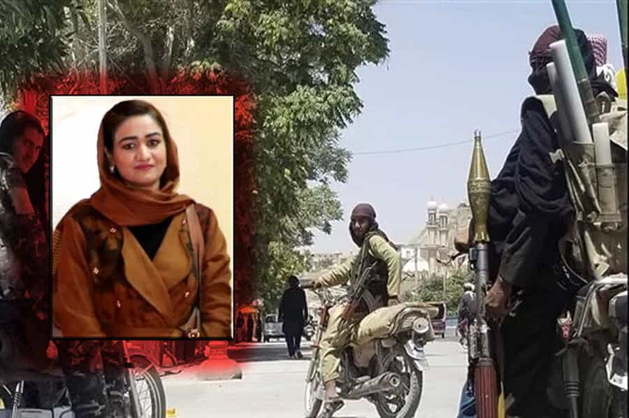 فروزان صافی، استاد دانشگاه در مزارشریف، از کشته‌شدگان − زمینه عکس: طالبان در یکی از خیابان‌های مزار شریف