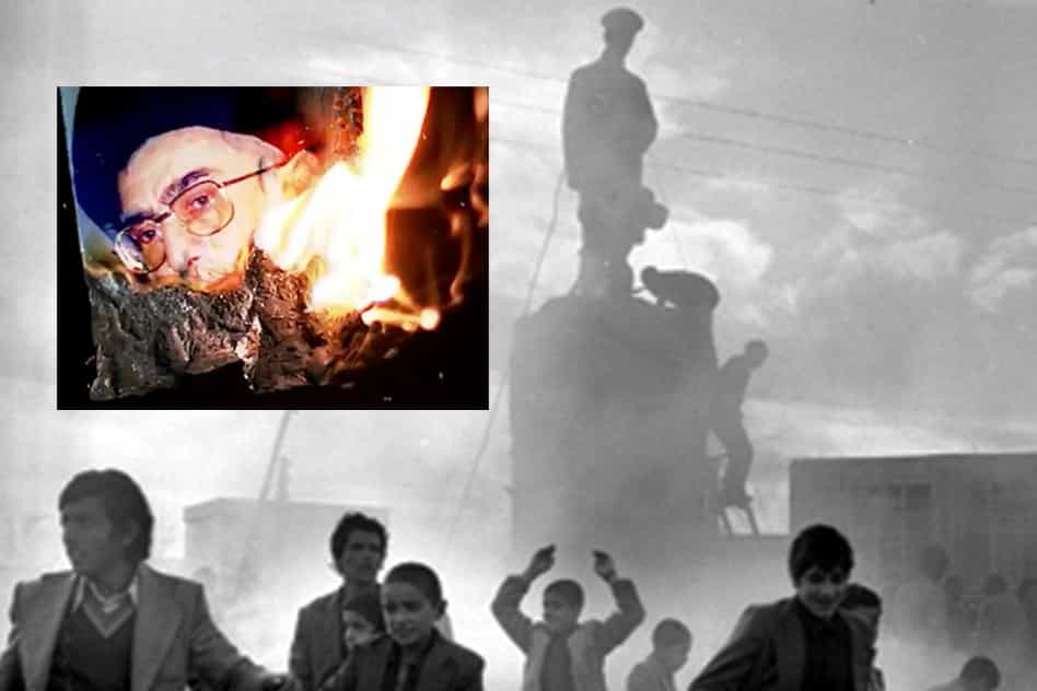 پایین کشیدن مجسمه شاه + آتش زدن عکس خامنه‌ای