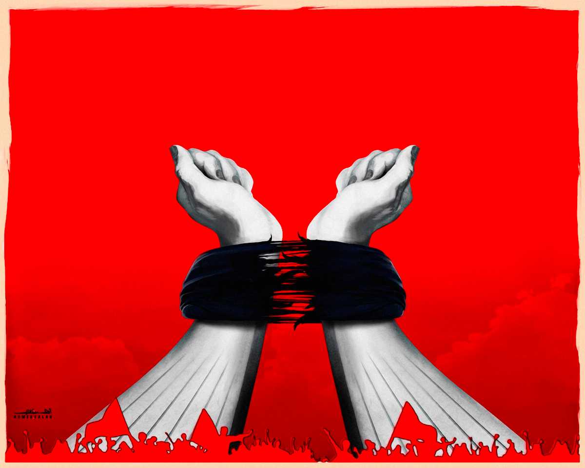 دو دست زنانه در حال پاره کردن عمامه. دستها در پایین حالت برج آزادی را شکل میدهند که در اطراف آن تظاهرات بزرگی در جریان است. رنگ قالب این طرح قرمز است و دستها سفید و عمامه مشکی به تصویر درآمدهاند.