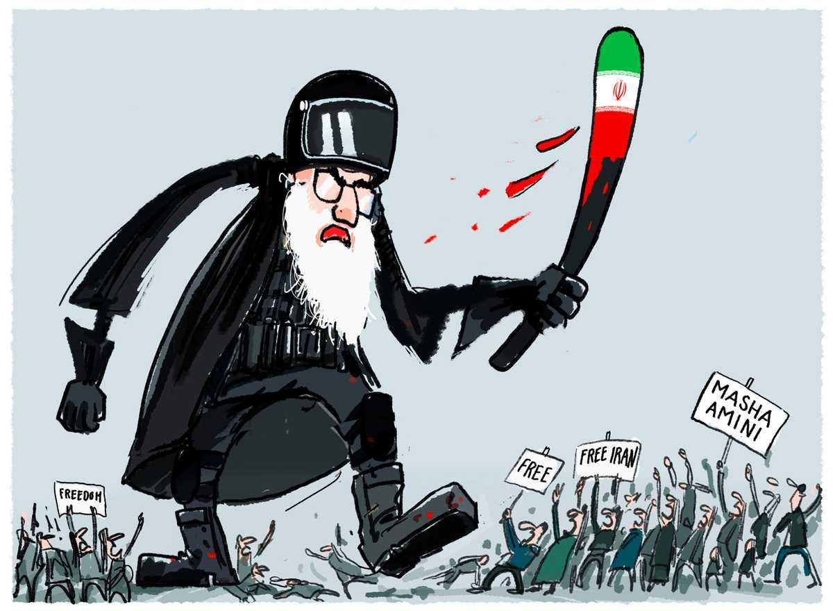آخوندی شبیه به خامنهای با باتومی به رنگ پرچم جکهوری اسلامی در حال سرکوب معترضان است