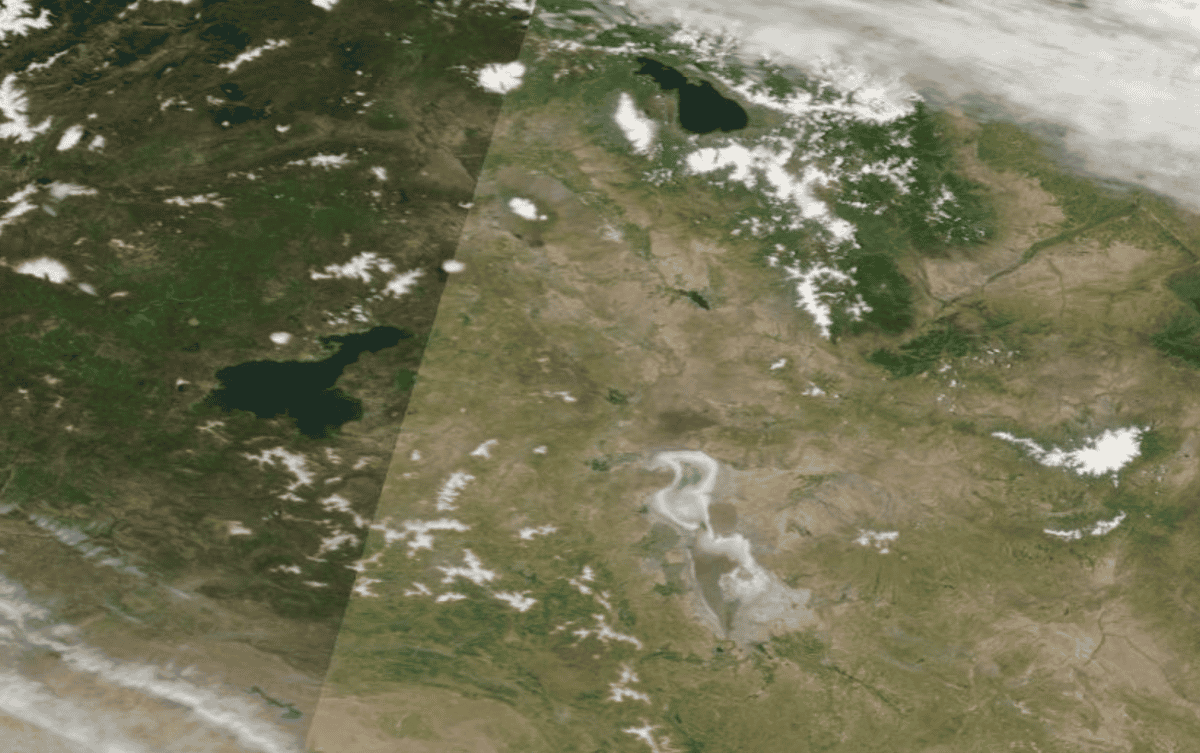تصویر از دیدهبانی جهان ناسا (NASA Worldview) وضعیت بد دریاچه ارومیه در همین هفته را در مقایسه با دریاچه وان و دریاچه ارومیه نشان میدهد اما پژوهش تازه مجله علم میگوید حال دستکم نیمی از دریاچههای زمین خوب نیست