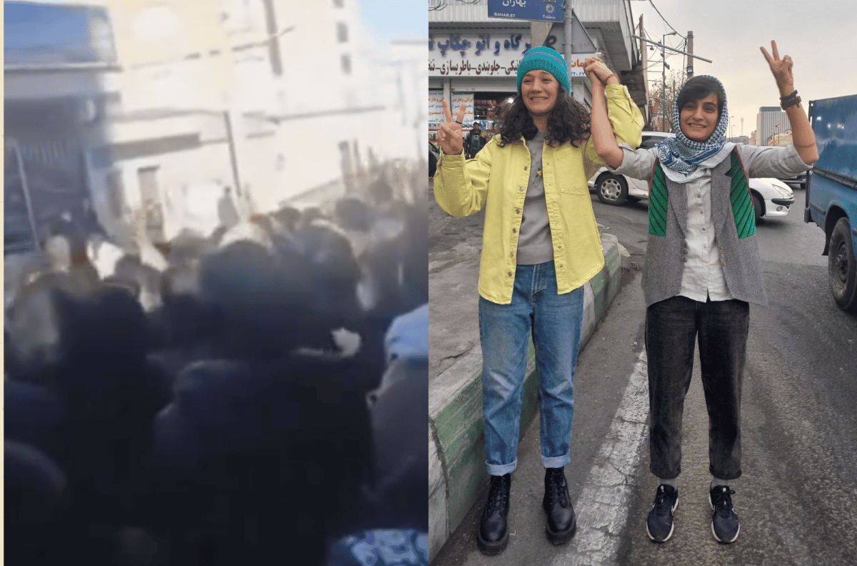کلاژ از عکس لحظه آزادی نیلوفر حامدی و الهه محمدی و تصویر زنان معترض مقابل دادگستری همدان