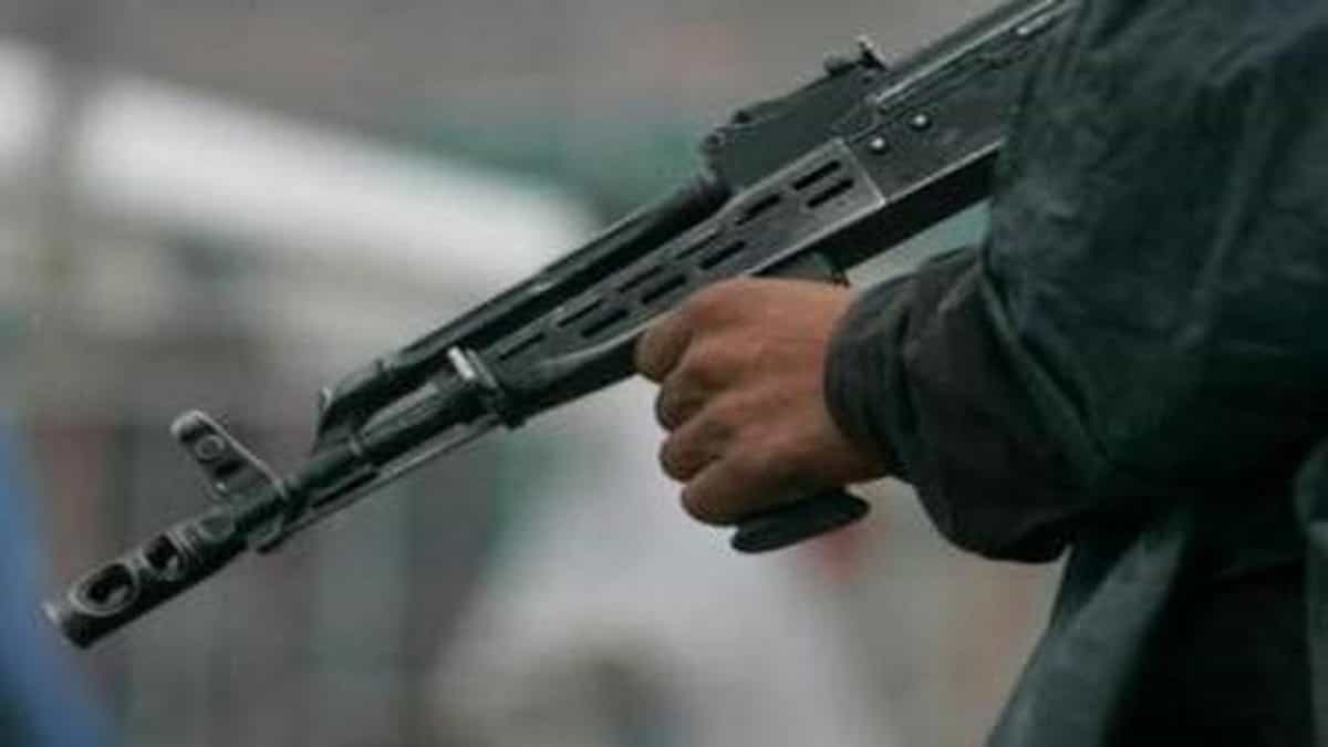 در تصویر یک مرد با لباس نظامی تفنگی را در دست گرفته است