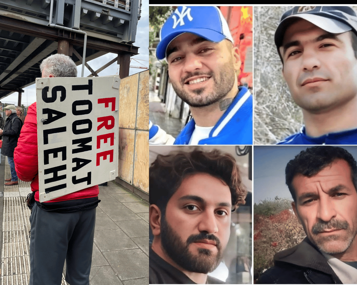 کلاژ از چند تصویر شبکههای اجتماعی. در سمت راست تصویر، یک نفر در هلند را میبینید که بر پشتش یک اعلام نصب شده: توماج صالحی را آزاد کنید و در کنار تصویر توماج صالحی، مجاهد کورکور، رضا رسایی و عباس دریس قرار گرفته است.