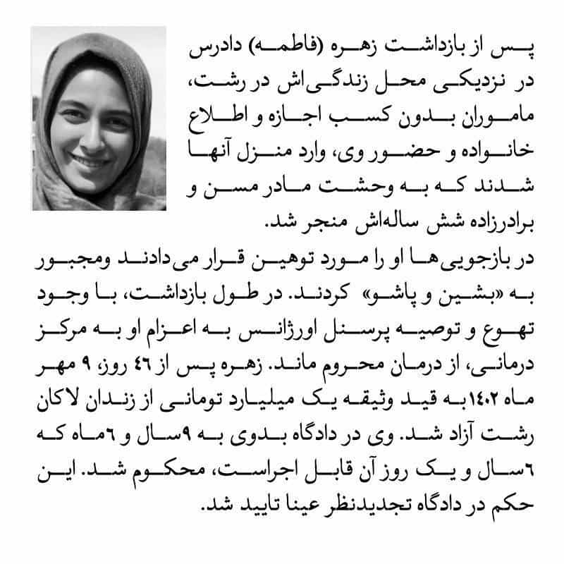 تصویر از بیدارزنی، نقض حقوق بشر در پرونده زهره دادرس در رشت را بازگو می‌کند از جمله اینکه در بازجویی‌ها او را مورد توهین قرار می‌دادند و مجبور به بشین و پاشو کردند.