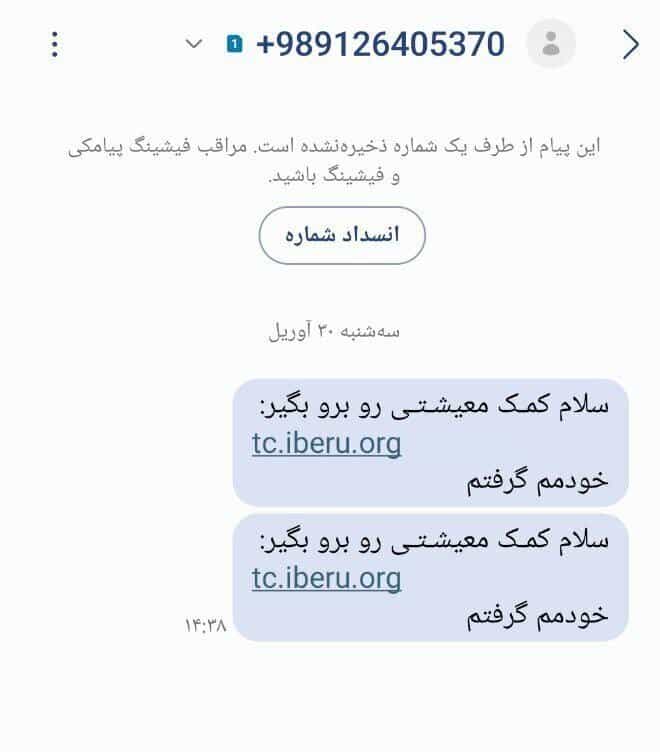 یک مثال از اسمیشینگ یا کلاهبرداری اساماسی از فضای مجازی. در این پیامک یک لینک شبیه به آدرس وبسایت دولتی آمده و همراه آن نوشته شده: سلام کمک معیشتی رو برو بگیر: آدرس وبسایت خودم گرفتم