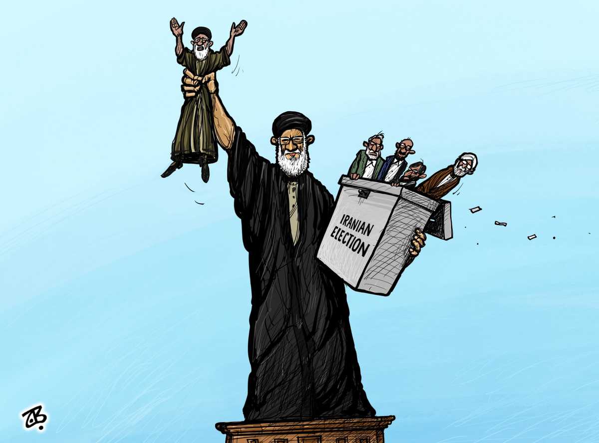 علی خامنهای از جعبهای که روی آن نوشته شده انتخابات ایران عروسکی به شکل آخوند را در می اورد