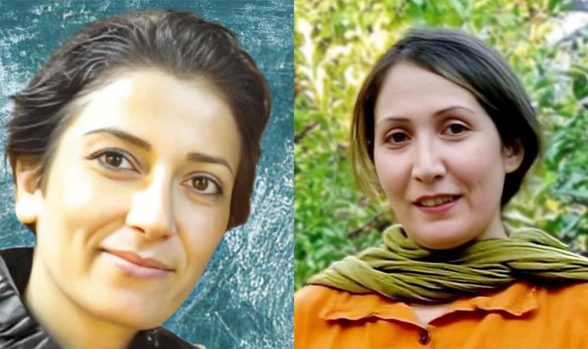 در سمت راست شریفه محمدی با لباس نارنجی و شال سبز به گردن دیده میشود. در سمت چپ پخشان عزیزی با موهای کوتاه. هر دو به دوربین لبخند میزنند