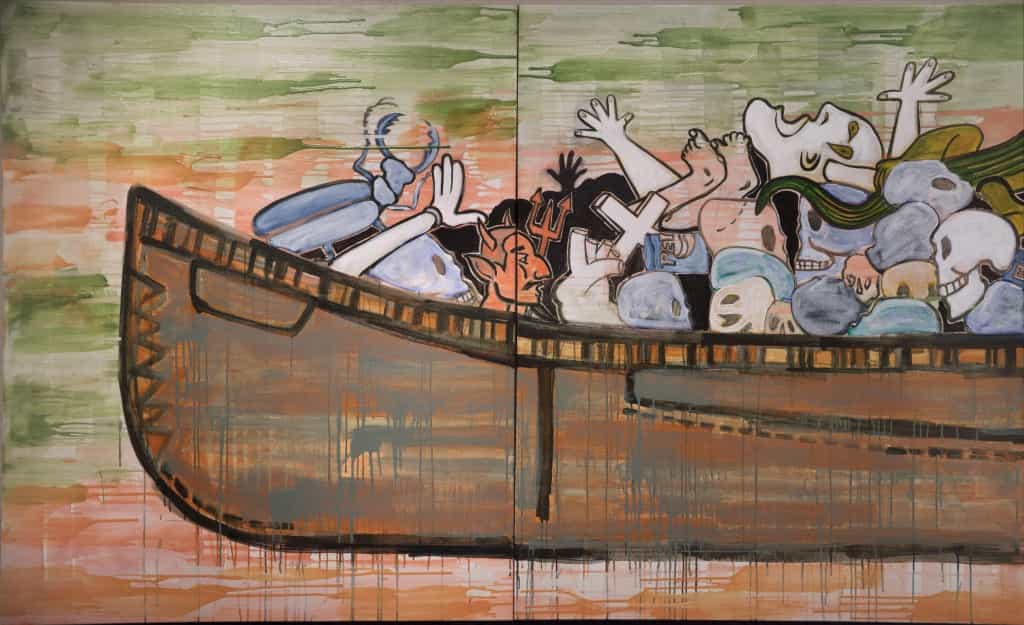 Detail from Trade Canoe for Don Quixote, 2004, acrylic, pencil, charcoal,d oil on canvas, by Jaune Quick-to-See Smith, b. 1940, American artist of Salish, Kootenai, Cree and Shoshone descent, from the William Sr and Dorothy Harmsen Collection, by exchange, in the Denver Art Museum, Denver, Colorado, USA. The image represents a traditional indian trade canoe filled with images of war from many cultures. The artist aims to enlighten the larger community about Indian affairs. Picture by Manuel Cohen (Photo by Manuel Cohen / Manuel Cohen / Manuel Cohen via AFP)