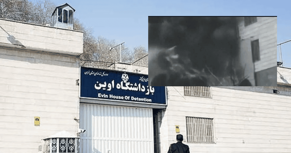 زندان اوین، بریده سیاهرنگ: تصویری برگرفته از فیلم حمله موشکی به زندان در ناحیه در ورودی. دوم تیر ۱۴۰۴