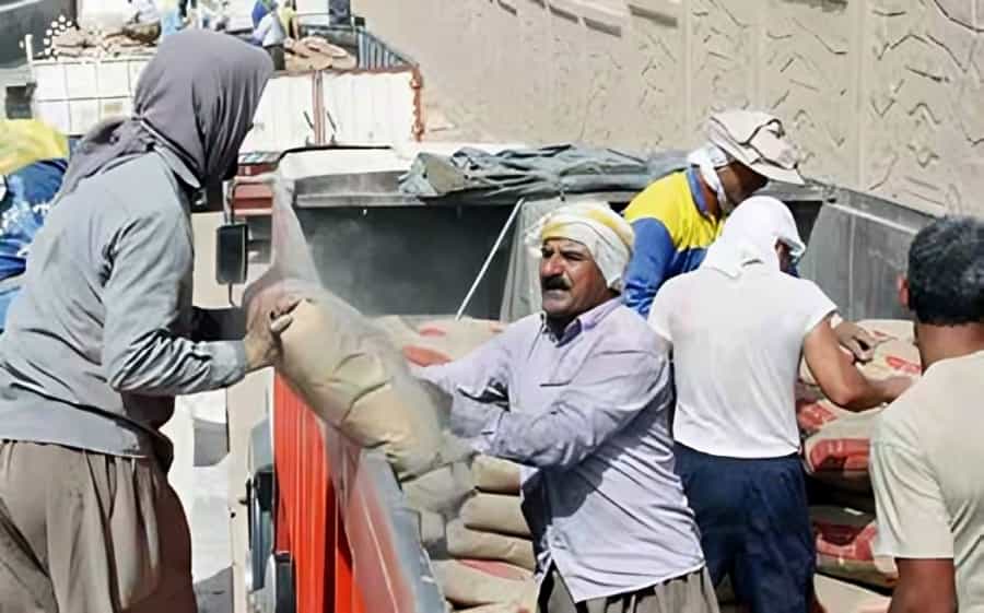 عدهای از کارگران ساختمانی در پشت یک کامیون کیسههای سیمان را جابهجا میکنند.