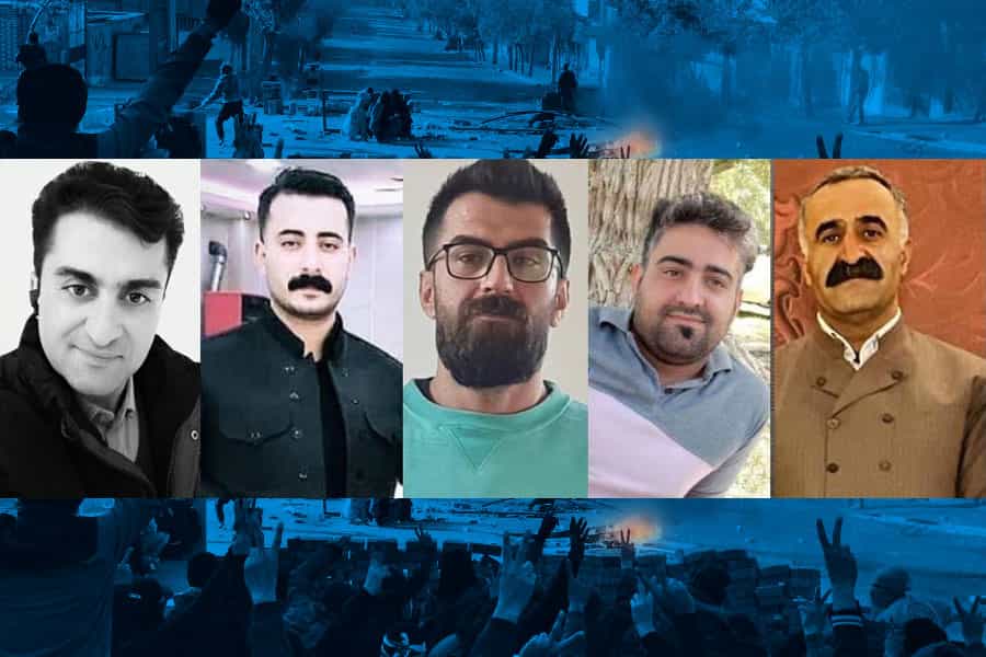 تصاویری از چهره‌های تیفور سلیمی بابامیری، پژمان سلطانی، کاوه صالحی، علی (سوران) قاسمی و رزگار بیگ‌زاده بابامیری پنج زندانی کُرد محکوم به اعدام با پسزمینه‌ای از اعتراضات «ژن، ژیان، ئازدی» در کردستان ایران.