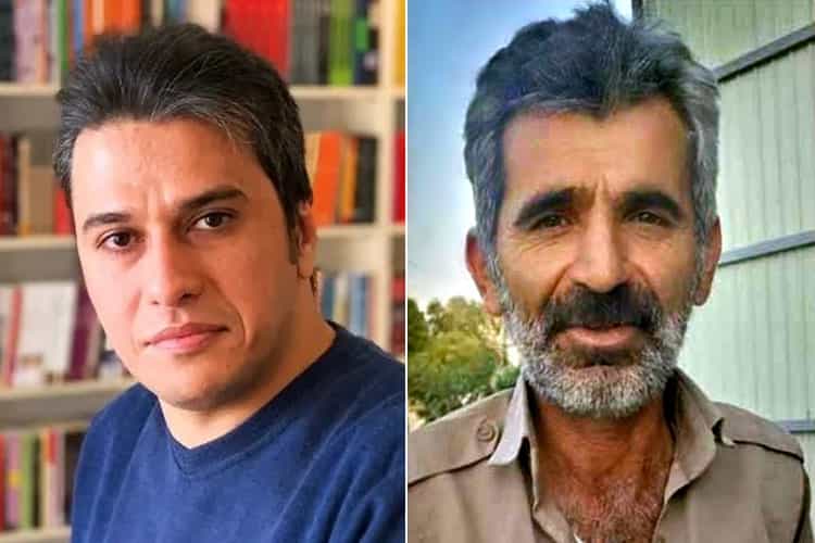 در تصویر حسین محمدی با لباس کُردی و سجاد حائری در مقابل کتابخانه خود دیده میشوند.