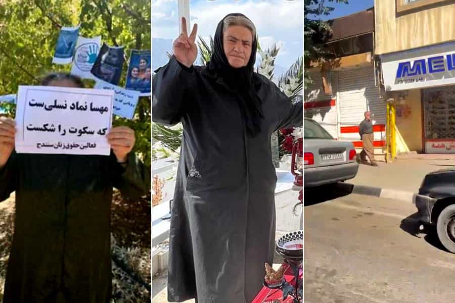 سه تصویر از سومین سالگرد جنبش زن، زندگی، آزادی: مغازه‌های بسته در سقز، نهیه رحیمی، مادر رامین فاتحی بر سر مزار فرزندش و فعالان زن سنندج