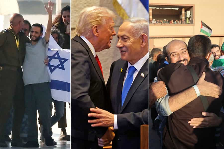 دو تصویر از شادمانی پس از آزادی یک زندانی فلسطینی و یک گروگان اسرائیلی. یک تصویر از نتانیاهو ترامپ که یکدیگر را در آغوش کشیده‌اند، در میان دو تصویر دیگر دیده می‌شود.
