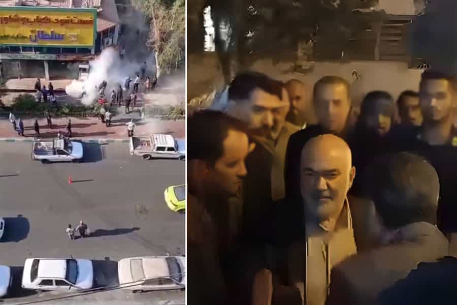 سیدمحمدرضا موالی‌زاده، استاندار خوزستان در حال گوش دادن به سخنان معترضان ـ تصویر دوم دکه خانواده بالدی از بالا نشان داده شده که دود ناشی از خودسوزی احمد بالدی دیده می‌شود.