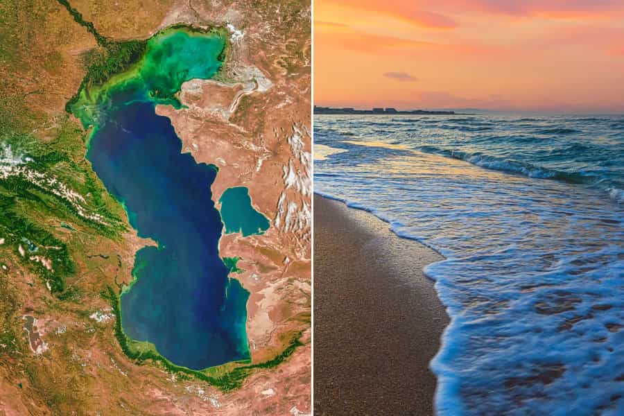 در دو عکس، یک نما از غروب ساحل خزر و یک نما از کل دریای خزر و موقعیت جغرافیایی آن دیده میشود.