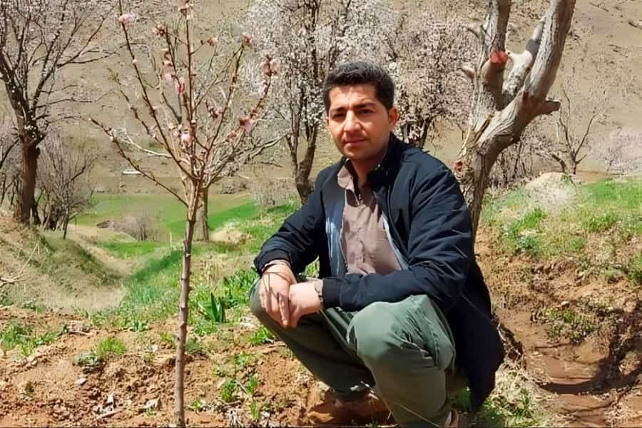 تصویری از شاهو صفری که در میان درختانی با شکوفه‌های بهاری نشسته است.