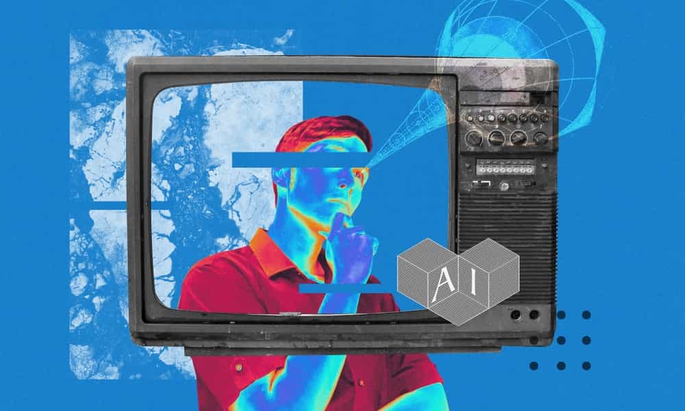 پیشنمایش هنر کلاژ مردی با سر تلویزیونی که گرافیک هوش مصنوعی را نمایش میدهد، ترکیبی از فناوری و شناخت انسانی. هنر دیجیتال مفهومی، تصاویر پویا در پسزمینه آبی