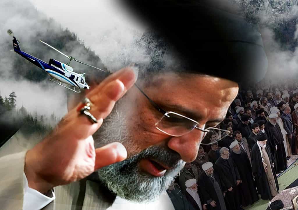 تصویری تلفیقی از ابراهیم رئیسی، یک بالگرد در حال سقوط و مراسم خاکسپاری او