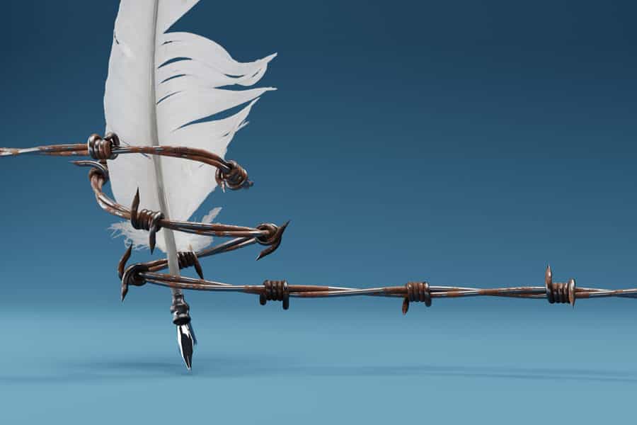 یک قلم پَر سفید در تصویر دیده میشود که دور آن سیم خاردار پیچیده است.