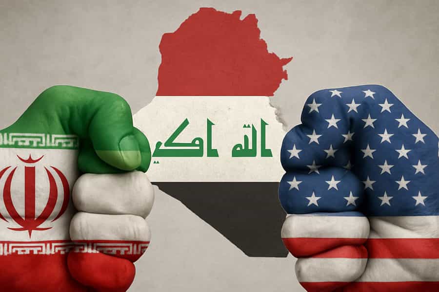 کشور عراق در میان دو مشت که با پرچم‌های ایران و آمریکا نشان داده شده‌اند پرس شده است.