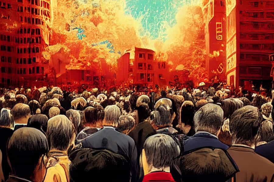 در تصویر جمعیتی از پشت سر در یک خیابان دیده می‌شود و روبه‌روی جمعیت، در انتهای تصویر ساختمان‌ها منفجر و ویران شده‌اند.