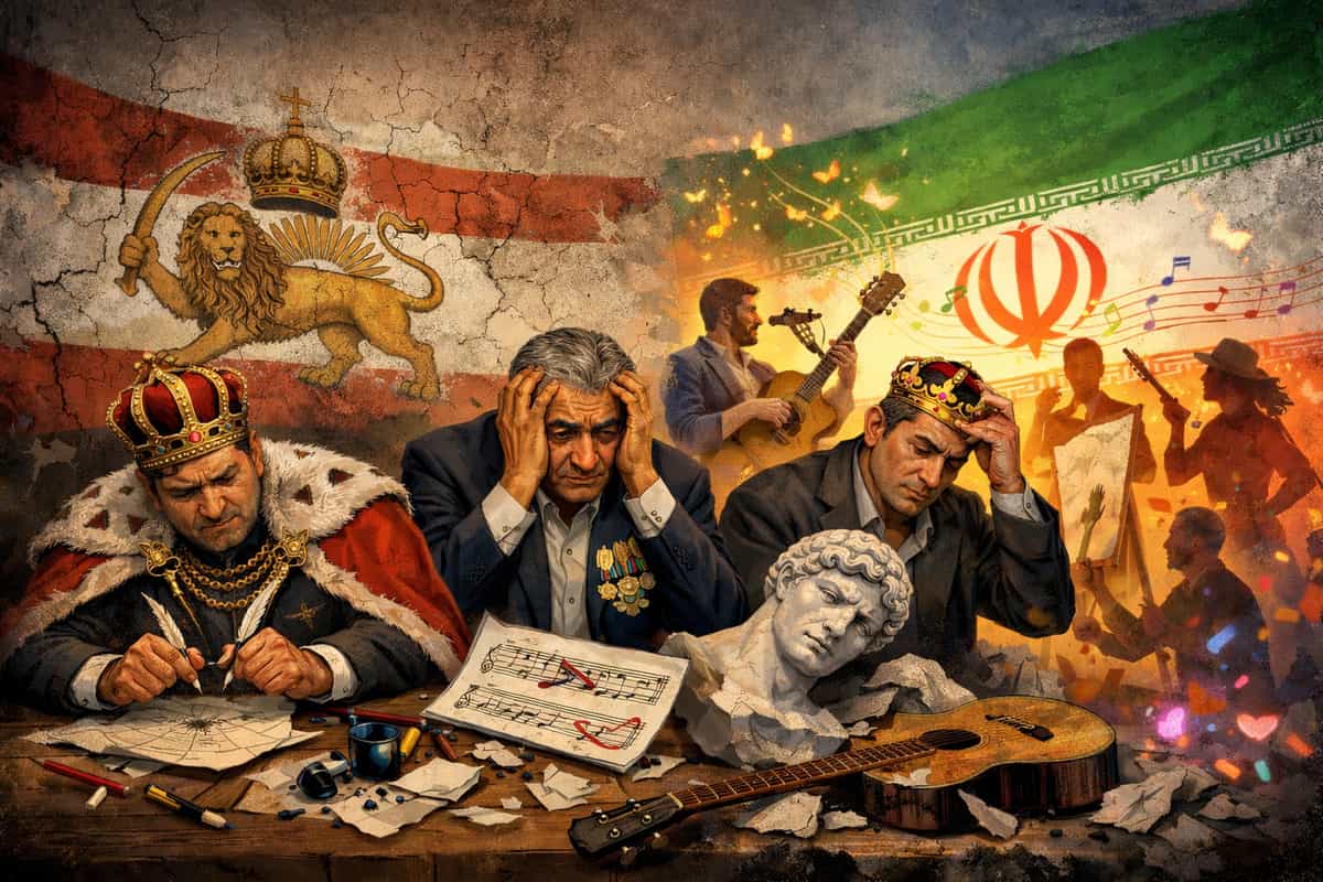 تصویر با استفاده از هوش مصنوعی طراحی شده است. در پس زمینه پرچم ایران با نشان الله و شیر خورشید دیده می شود و سپس چند نشانه از ابزار هنری و سه مرد که مشغول تولید ابتذال هستند.