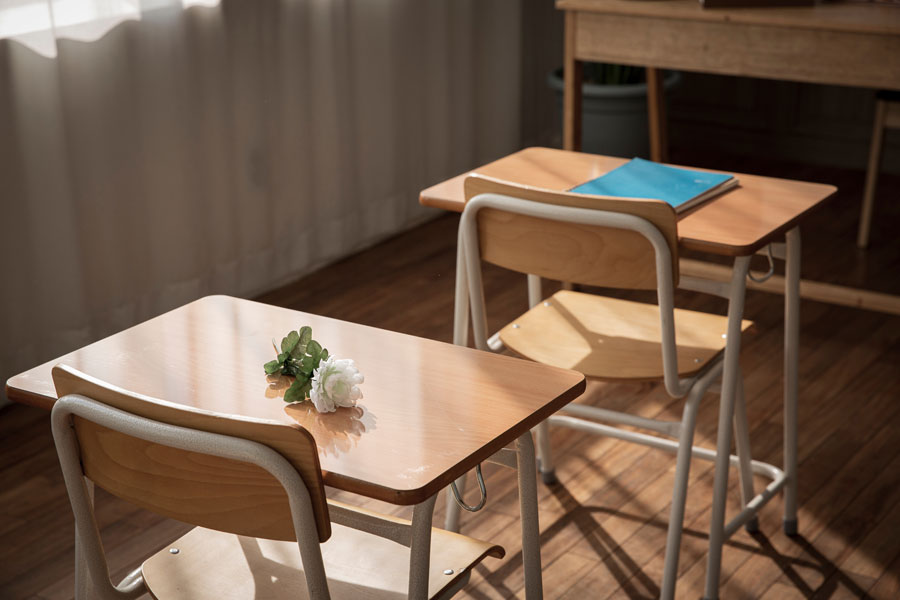 روی یک میز کلاس مدرسه یک شاخه‌ی گل سفید قرار دارد و صندلی‌ها خالی‌اند.