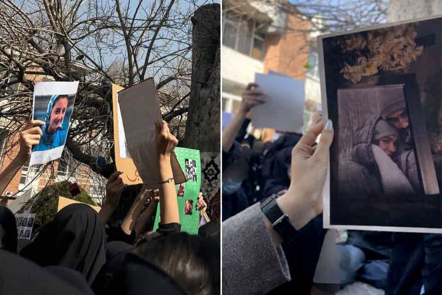 دانشجویان معترض تصاویر دانشجویان کشته شده در اعتراضات سراسری دی ماه را در دست گرفتهاند.